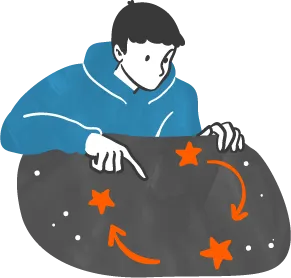 地球と星が描かれた世界を広げて指し示す人