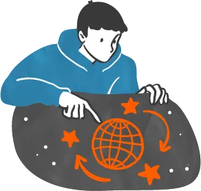 地球と星が描かれた世界を広げて指し示す人