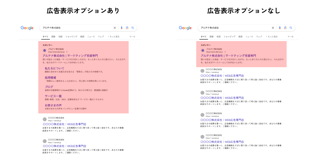 広告表示オプションの表示有無による画面占有率の違い