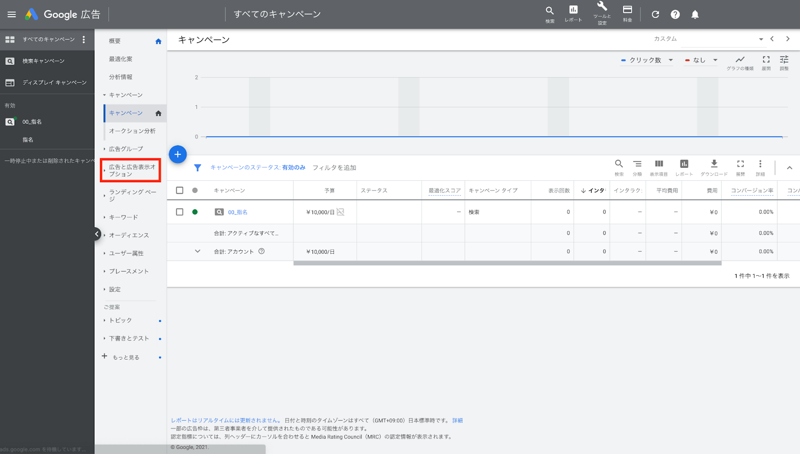 1.Google広告の管理画面より、［広告と広告表示オプション］をクリックします。