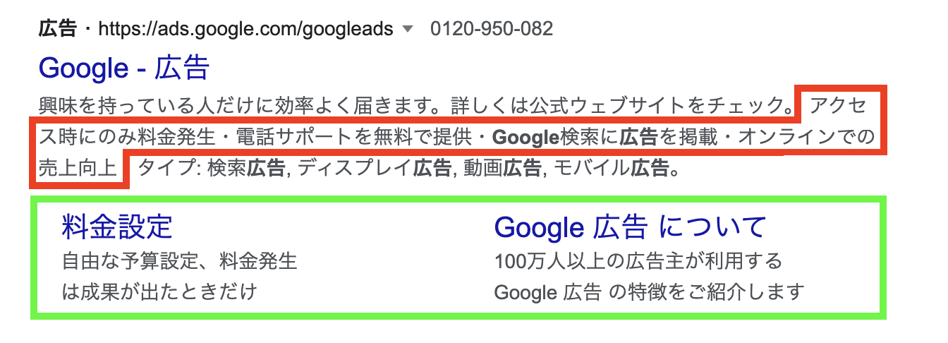 コールアウトとサイトリンクの掲載箇所