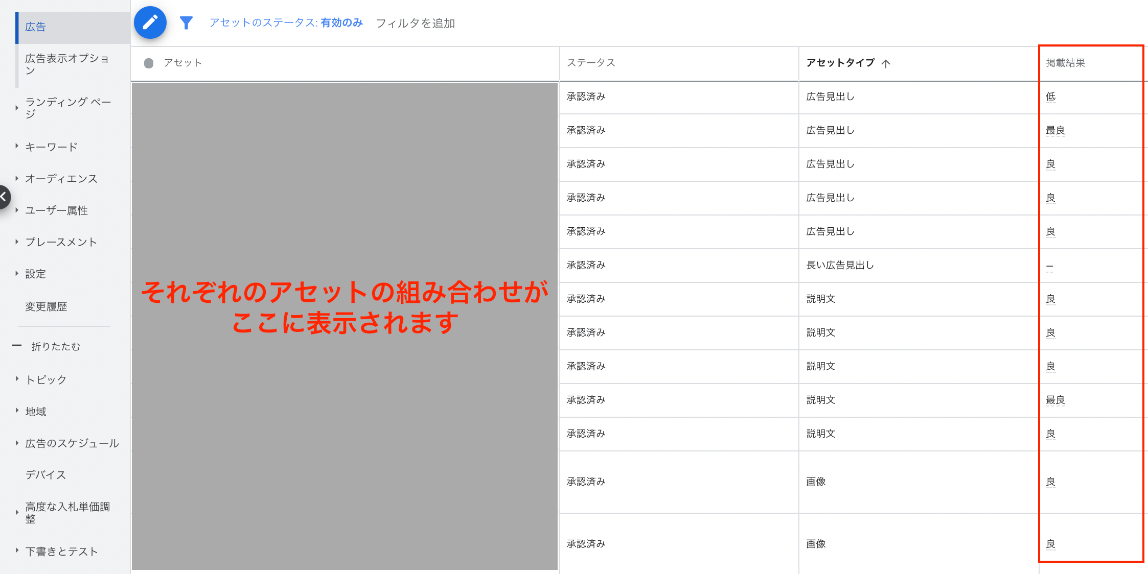 広告表示画面から「アセットの詳細を表示」をクリック