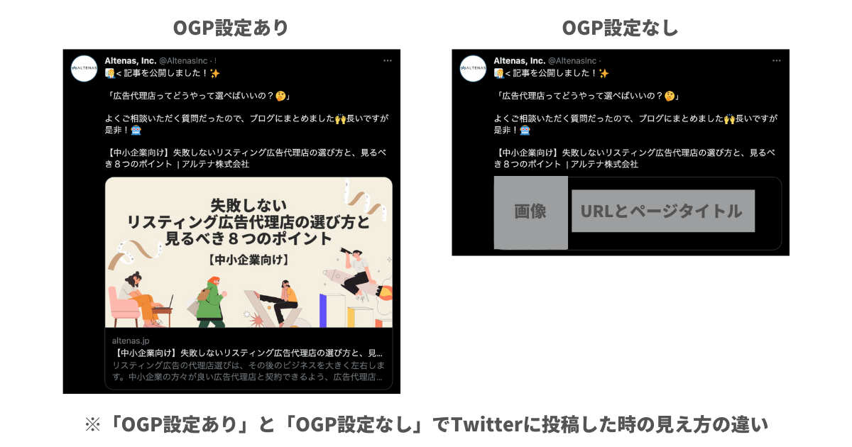 ※「OGP設定あり」と「OGP設定なし」でTwitterに投稿した時の見え方の違い