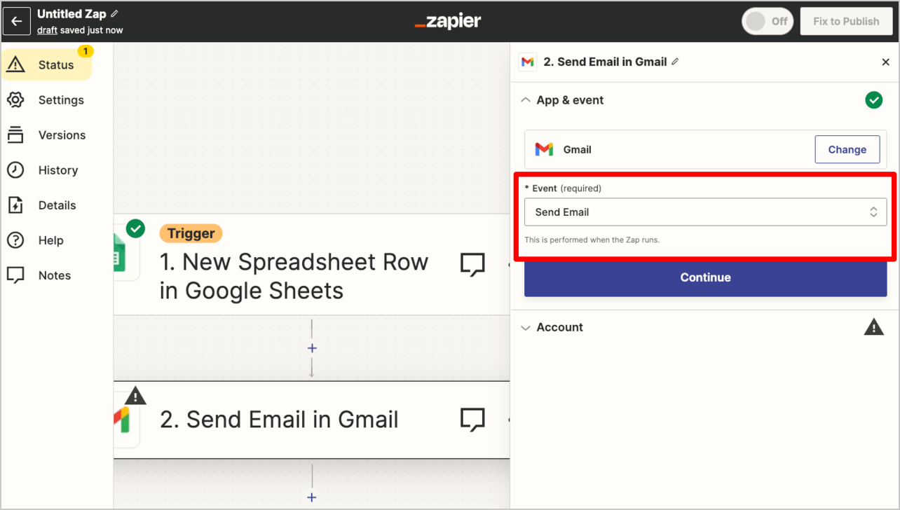 7.画面右側の「Event」にて「Send Email」を選択し「Continue」をクリックする
