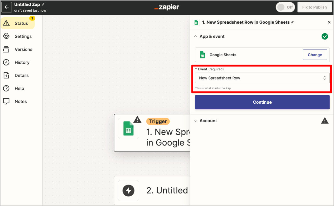 4.画面右側の「Event」にて「New Spreadsheet Row」を選択し「Continue」をクリックする
