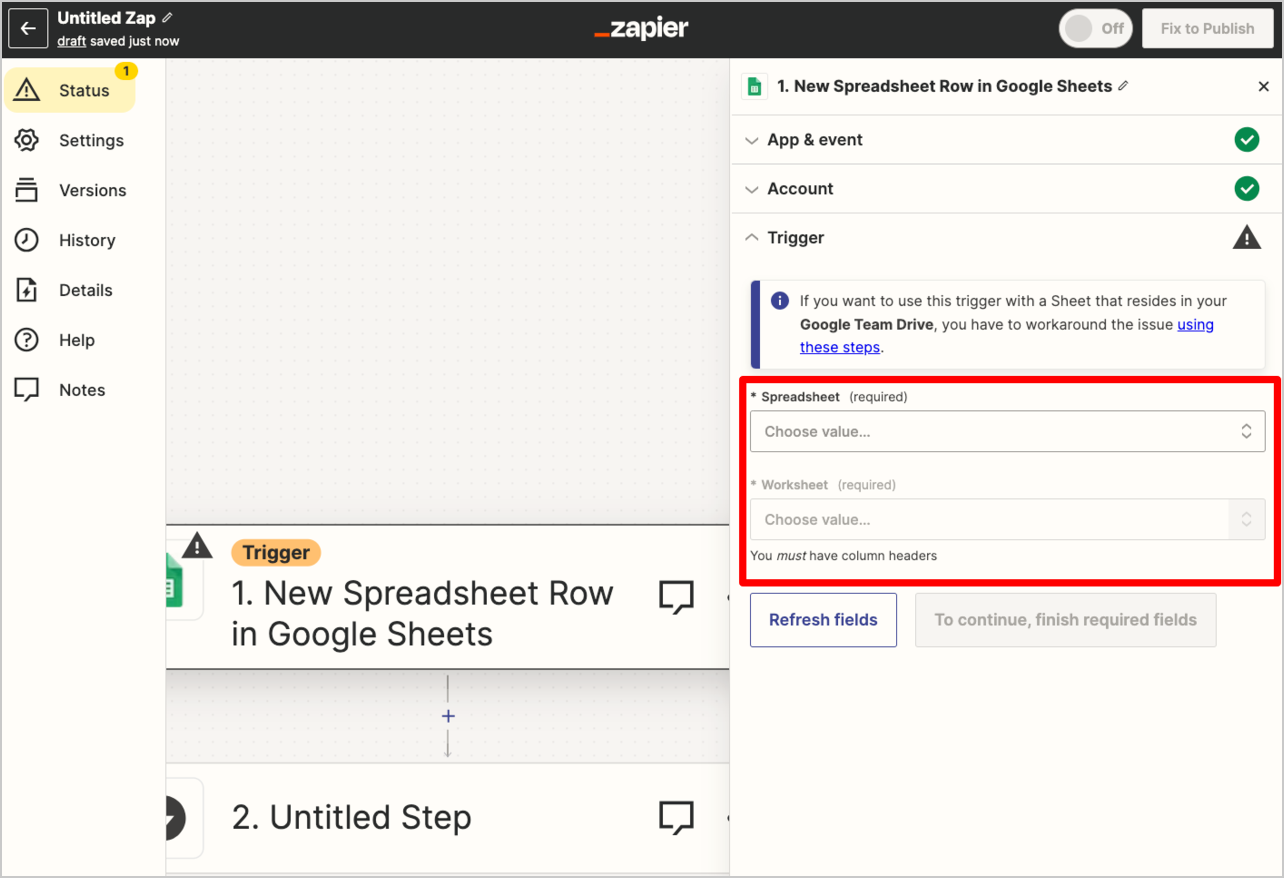 5.画面右側の「Spreadsheet」「Worksheet」にて、回答結果を集計するスプレッドシートとそのページを選択する