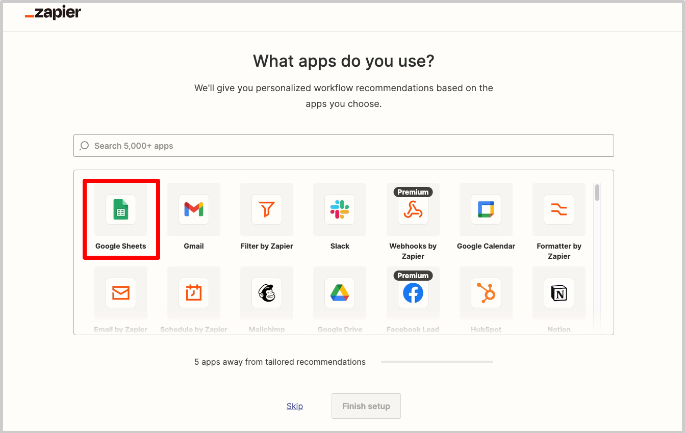 3.「1.Untitled Step」をクリックした後、遷移後のページにて「Google Sheets」を選択する