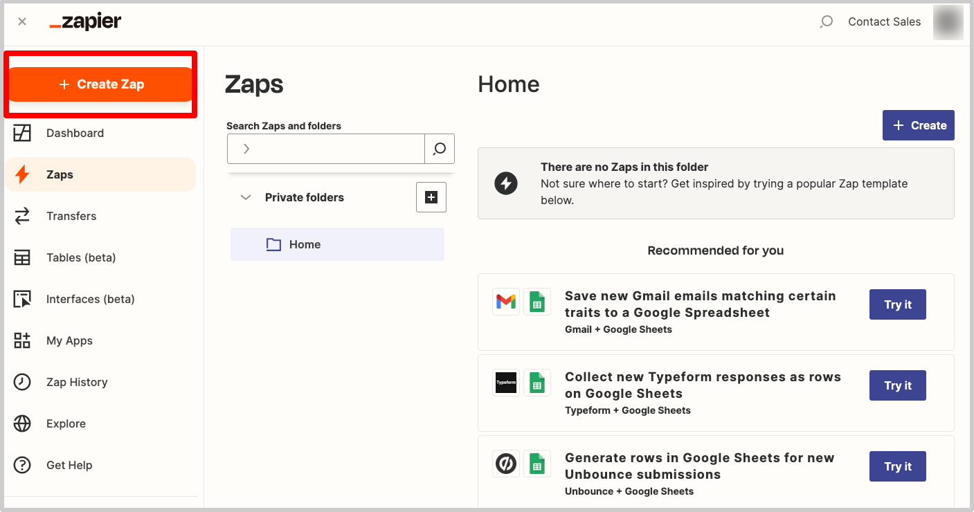 2.画面左側「+ Create Zap」をクリックする