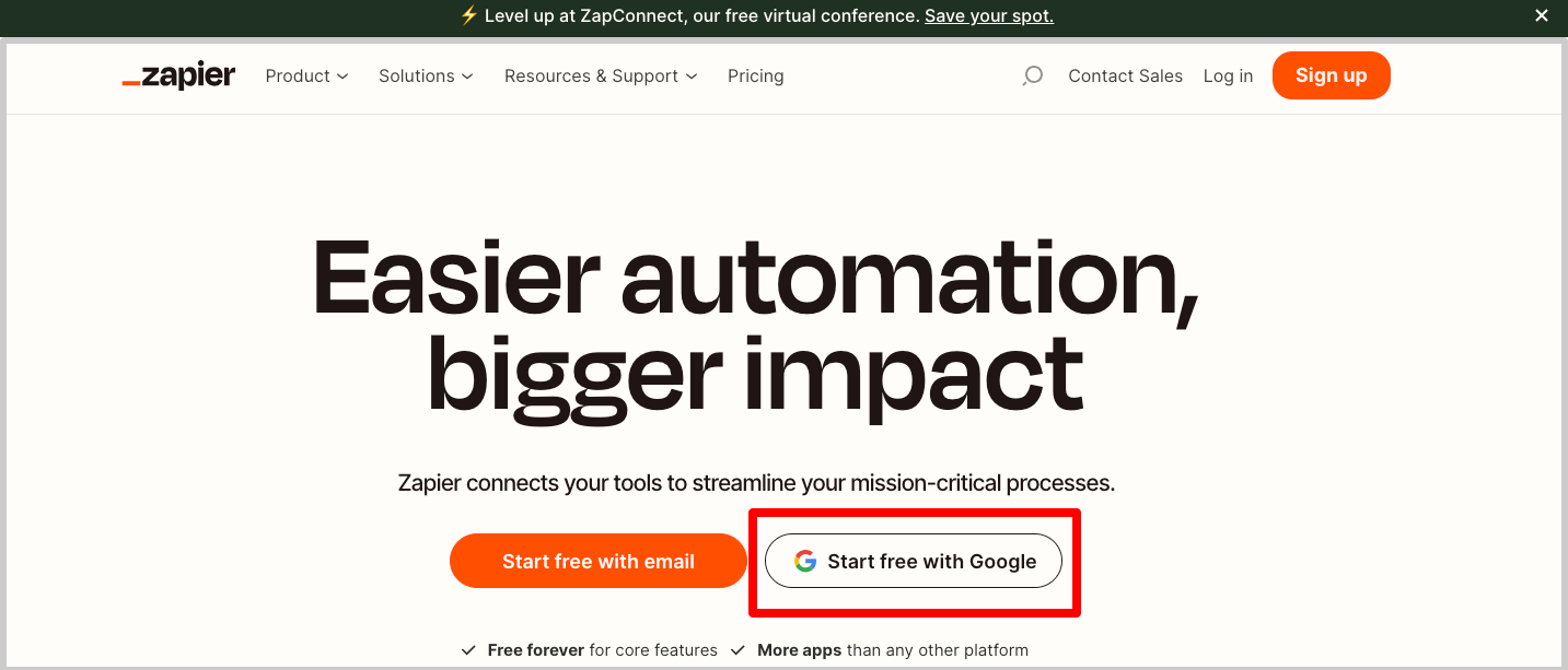 1.Zapierにアクセスし、ログインする 今回は「Start free with Google」をクリックし、Googleアカウントでログインする