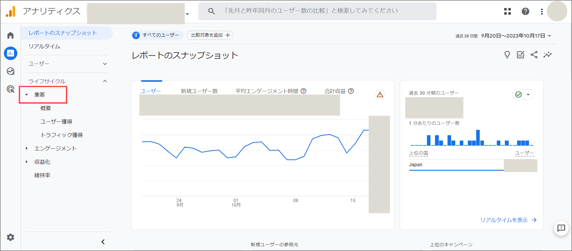 アナリティクスレポート画面の「集客」ドロップダウンの説明