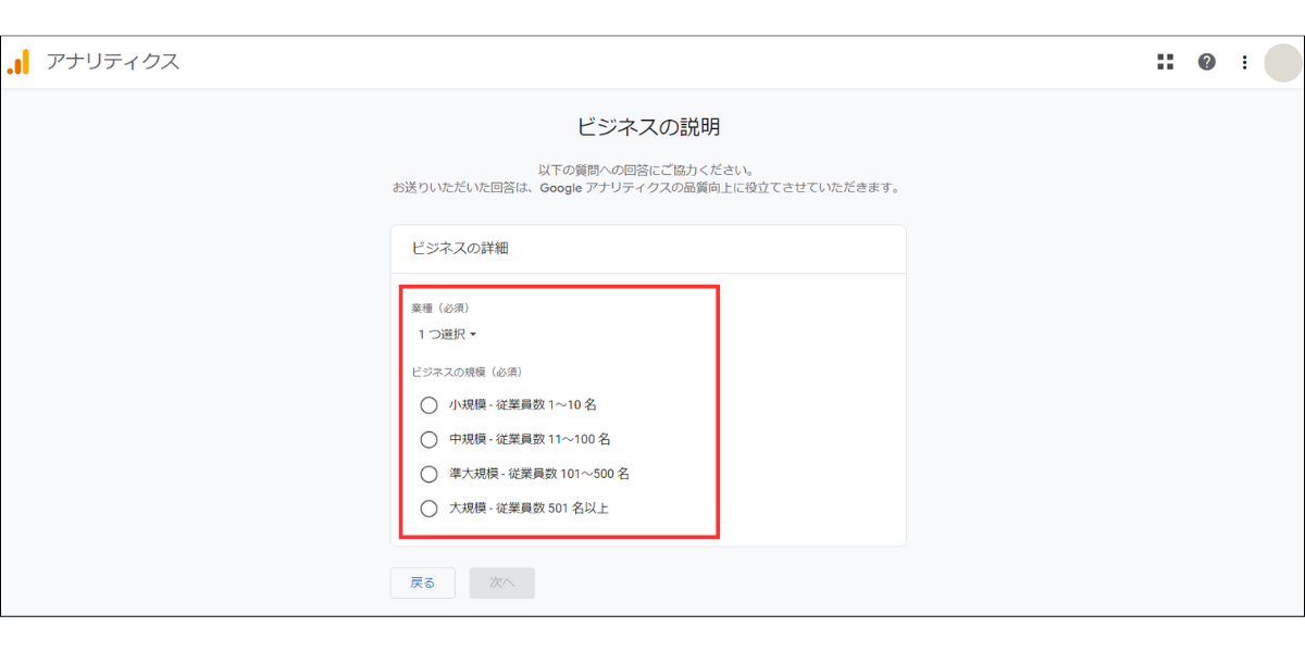 Googleアナリティクスビジネスの説明の設定画面