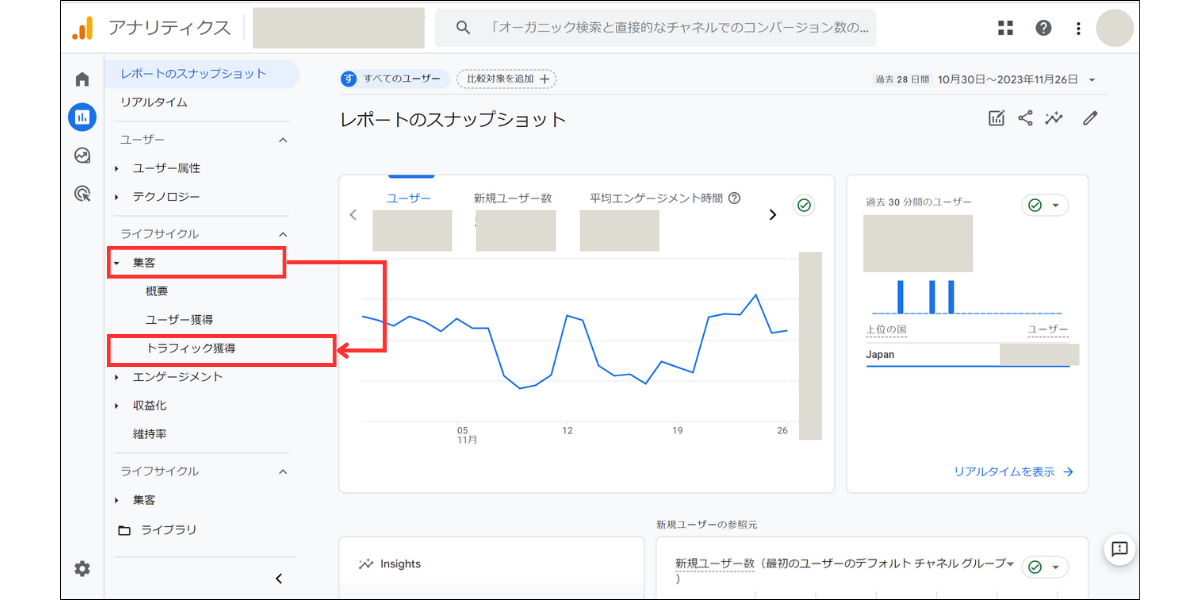 Googleアナリテクスホーム管理画面「ユーザーの獲得」選択画面