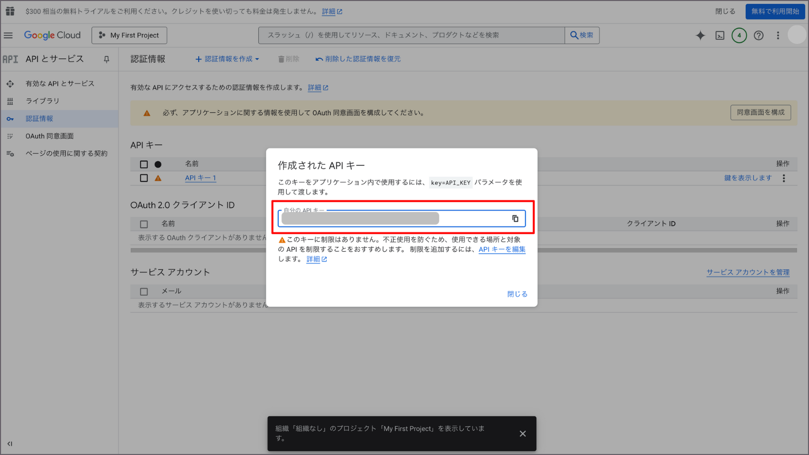 Google Cloud Console 「APIキー」表示画面