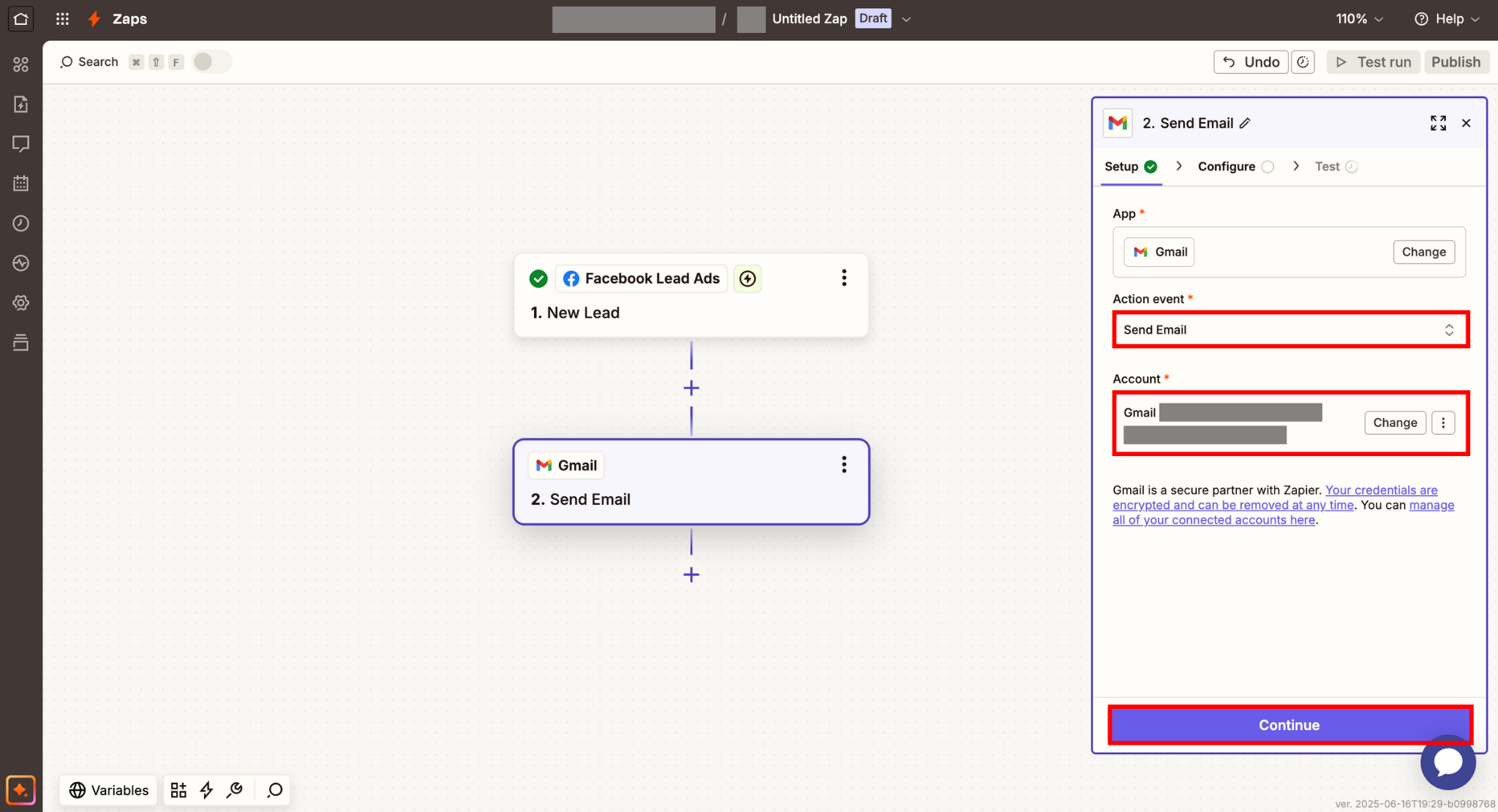 次に「Setup」画面より、「Action event」を「Send Email」に設定します。